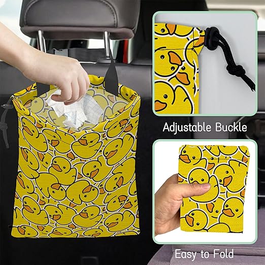 Yellow Duck Car Garbage Bag,Rubber Duck Waterproof Small Car Trash Bag Hanging Back of Seat,Drawstring Hanging Car Trash Bag with Adjustable Buckle for Car Accessories