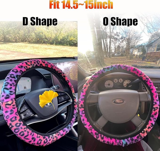 Rainbow Colorful Fluffy Steering Wheel Cover, Girly Long Fuzzy Furry Wool Sheepskin Fur Car Wheel Protector with Light Pink Soft Warm Handbrake Cover Gear Shift Cover for Women/Girl/Ladies 14.5-15"