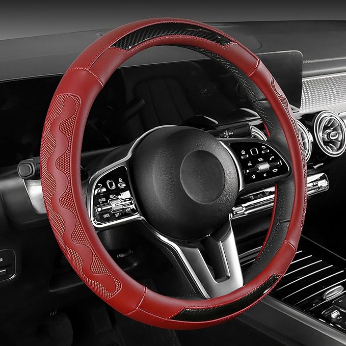 SEG Direct Car Steering Wheel Cover Medium Size 14 1/2"-15" Embossed Microfiber Leather with Carbon Fiber Pattern Red