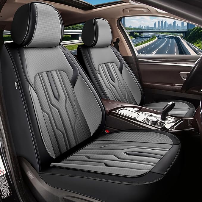 YORKENIC Fit for Volvo V70 Seat Covers Front Set 1998-2010: Breathable Leather Car Seat Covers Compatible Airbag (2 Front Set, Black & Grey)