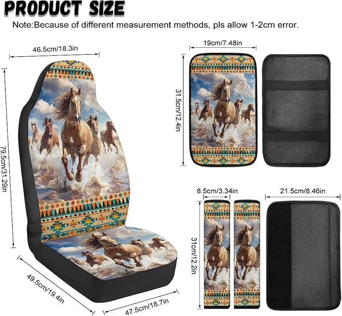 FUSURIRE Car Seat Covers Aztec Horse Print PU Front Seat Covers, Seat Belt Covers & Center Armrest Pad Universal Fit Interior Accessories for Cars Trucks and SUVs
