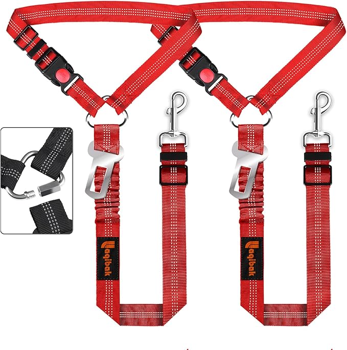 Removable Dog Seat Belt Harness for Car, 3 in 1 Pet Dog Car Seatbelt Leash, Retractable Restraint Secures to Vehicle Headrest & Adjustable Reflective Bungee Dog Seatbelt Tether, Red