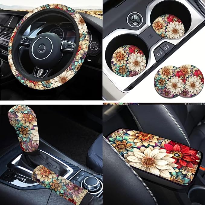 Hippie Blossom Lotus Car Interior Decor for Women 6 Pcs Flower Print Steering Wheel Cover Cup Coaster Handbrake Gear Cover Suit for Most Cars Truck Vans SUV