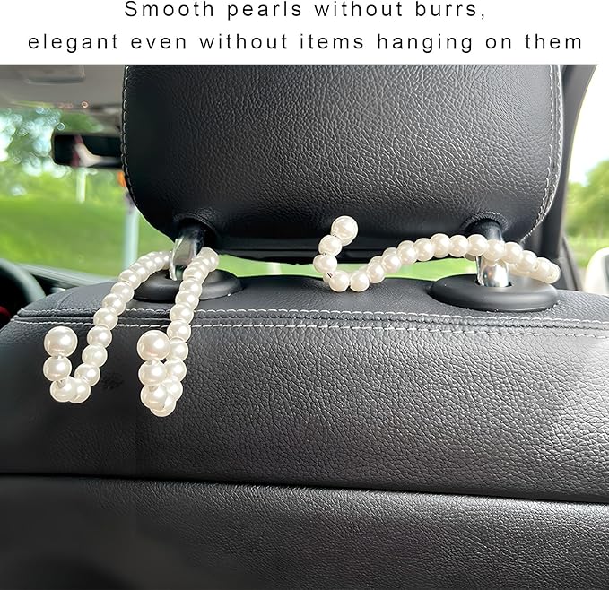 2PCS Elegant Pearl Car Seat Headrest Hook, Cute Vehicle Back Seat Hanger Purse Hook, Auto Interior Decor Strong Load-Bearing Headrest Hanger for Handbag Keys Grocery Bags