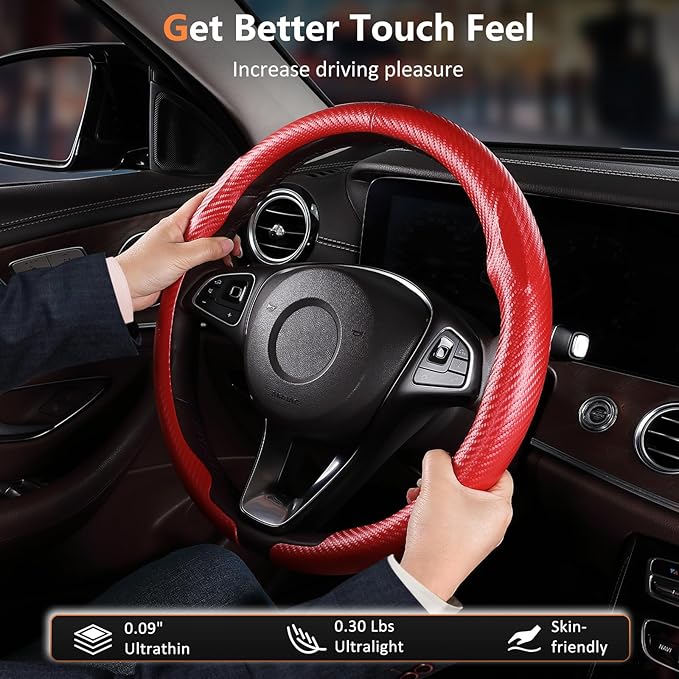 Aimato Carbon Fiber Steering Wheel Cover 2 Piece Non-Slip Clip on Steering Wheel Cover,Ultra-Thin Breathable,Universal Fit 14.5"-15" Wheel,Matte Red