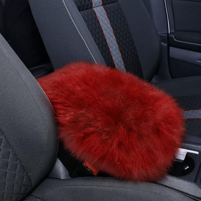 Frienda Furry Armrest Cover Auto Center Console Cover Car Soft Console Pad, Real Sheepskin Wool Soft Fluffy Auto Center Armrest Pad for Most Car Decoration Protector(Wine Red)