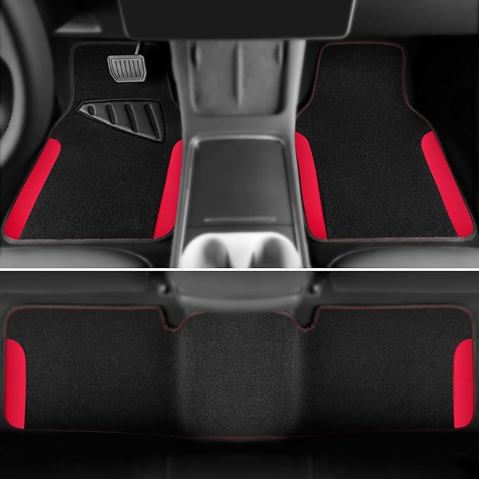 CAR PASS Waterproof Universal Faux Leather 3Pcs Car Floor Mats, Red Car Mats Fit for SUV,Vans,sedans, Trucks,Set of Vehicles Car Carpet with Driver Heel Pad and Anti-Slip Nibs Backing (red 3Pcs)