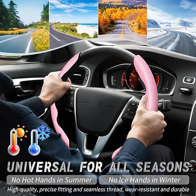 WOCOCN 2pcs Car Steering Wheel Cover,Anti-Skid Carbon Fiber Steering Wheel Protector for Men Women,Multiple Color Options,Universal for Most Car Interiors Accessories (Pink)
