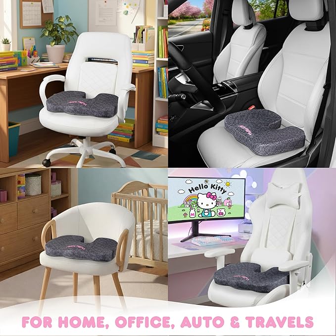 Carbella Officially Licensed Hello Kitty Seat Cushion - Cute Charcoal Gray Office Chair Cushion for Car, Home, Work or Desk - Comfort Memory Foam Cushions for Coccyx, Back, Tailbone Pain Relief Pillow