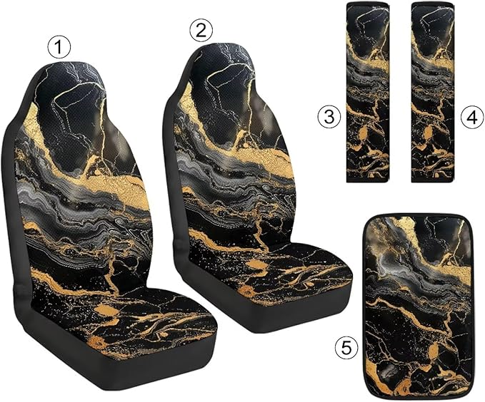 Psesaysky Black Gold Marble 2 Front Seat Covers, 1 Center Console Armrest Cover, 2 Seat Belt Pads, All-in-One Automotive Accessories Set