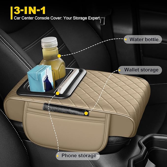 Center Console Cover for Canyon: Armrest Cover for Car with 2 Storage Bags - Waterproof Leather Center Console Cover with Cup Holder for Car,Anti-Scratch Auto Armrest Pad Accessory （Beige