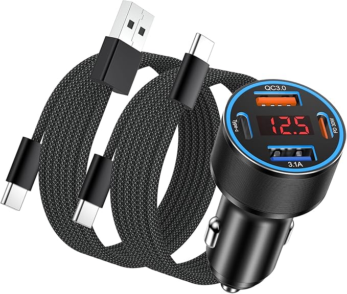USB C Car Charger, 65W Fast Charging Cigarette Lighter 4-Ports PD 30W USB Car Phone Charger with Volt Meter, 2 x USB-C Cables for iPhone 16 15 14 13, Samsung Galaxy S25 S24 S23 S22, iPad & Tablets