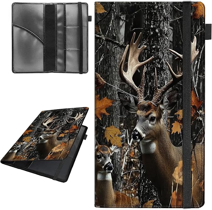 Car Registration and Insurance Holder,Leather Vehicle Glove Box Organizer Wallet for Document, for any Car,Truck,Motorcycle,Driver License,Trailer or Boat,Men & Women,Leaf Hunting Camo Forest Deer