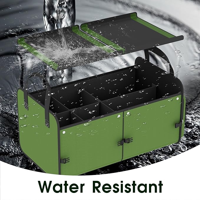 SugarFox Car Trunk Organizer for SUV, 70L Heavy Duty Waterproof Trunk Organizer, Foldable Vehicle Organizer with Anti-Slip Base, 24”x13.8”x11.8”, GREEN-M003