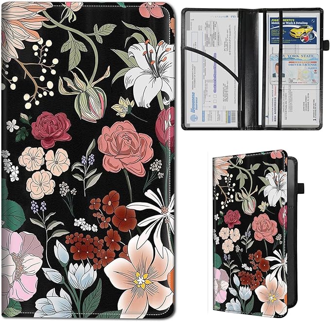 Qindaiwen Car Registration and Insurance Holder, Vehicle Card Document Elastic Band Closure Glove Box Organizer, Driver License Cards, Car Accessories for Essential Info, Flower Pattern 02