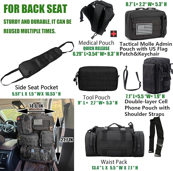 7 PACK Tactical Seat back organizer Truck organizer With 6 Detachable Pouches Universal For Car Truck Ford Jeep Military-Grade Heavier Panels With Multi-functional Packs (7-PACK-Upgrade)