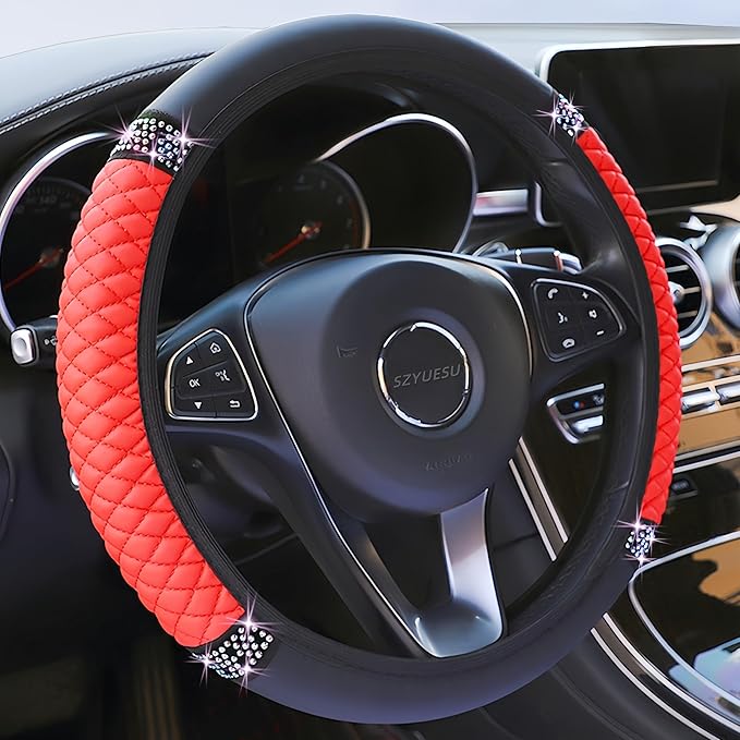 Bling Soft Leather Steering Wheel Cover 15 Inch with Sparkly Diamond Rhinestones for Women and Girls – Elastic Car Accessory for Most Cars (Red)