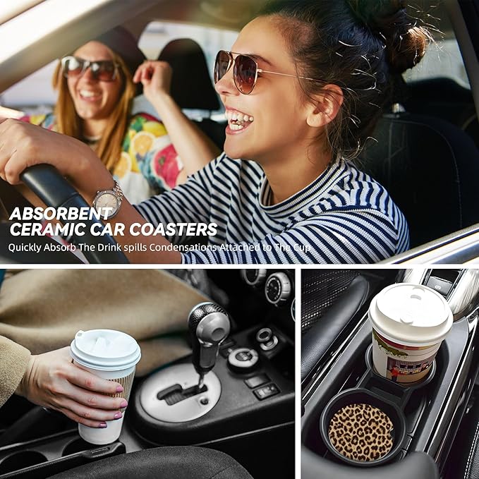HUWAAI Leopard Print Car Cup Holder Coasters 2 Pack Universal 2.63 Inch Anti Slip Ceramic Absorbent Coaster with Cork Base and Finger Notch Cute Car Accessories Interior for Women
