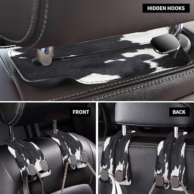 AXBSAKDI Car Seat Back Storage Headrest Hook, Premium Leather Double Metal Hook, Hanger Storage Organizer for Purse Cloth Bag, Car Interior Accessories Black White Cowhide