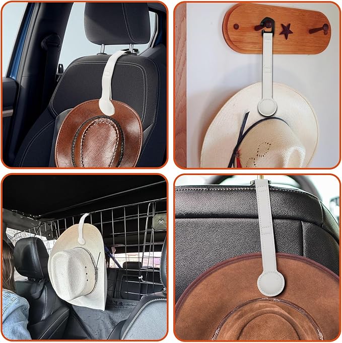 2 Pack Cowboy Hat Holder for Truck, Leather Magnetic Cap Clip, Truck Car Seat Hat Organizer Accessories for Men and Women, Suitable for Car, SUV, Pickup Seat Back Headrest Hat Clip Storage (White)