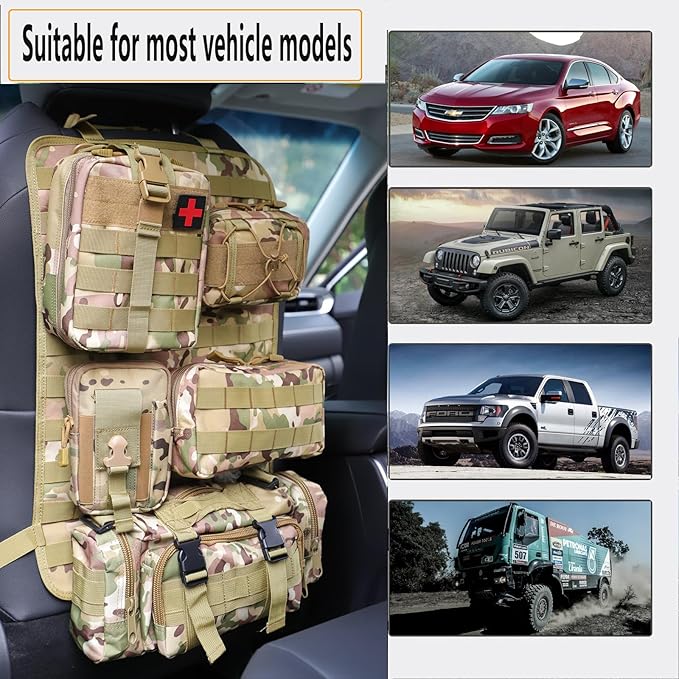 BXBXHD 6 Pack Tactical Truck Organizer Back Seat Storage Car Seat Storage Bag Molle Panels for vehicles, Car and SUV with Lots of Handy Compartments (CP camo)