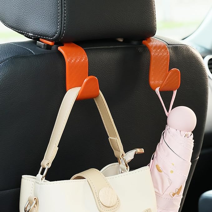 Amooca Car Seat Headrest Hook 4 Pack Hanger Universal Vehicle Car Storage Organizer for Handbag Purse Coat S Type Checkered Orange