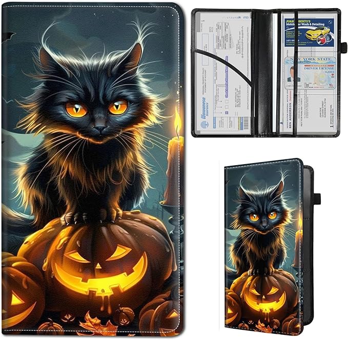 Qindaiwen Car Registration and Insurance Holder, Vehicle Card Document Elastic Band Closure Glove Box Organizer, Driver License Cards, Car Accessories for Essential Info, Black Cat