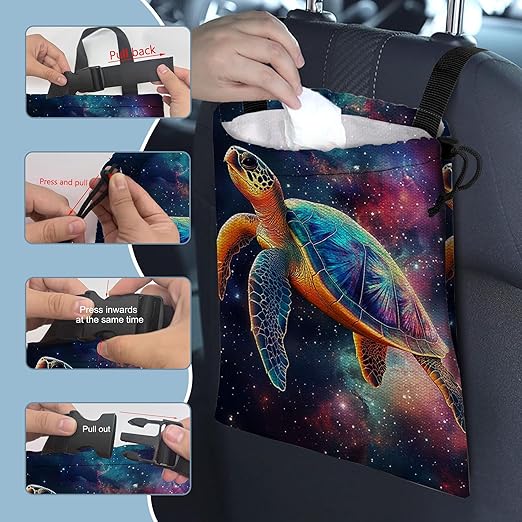 Sea Turtle Swimming in Galaxy Car Trash Bag,Hanging Drawstring Car Garbage Bag,Canvas Car Back Seat Organizer with Adjustable Buckle for Men and Women