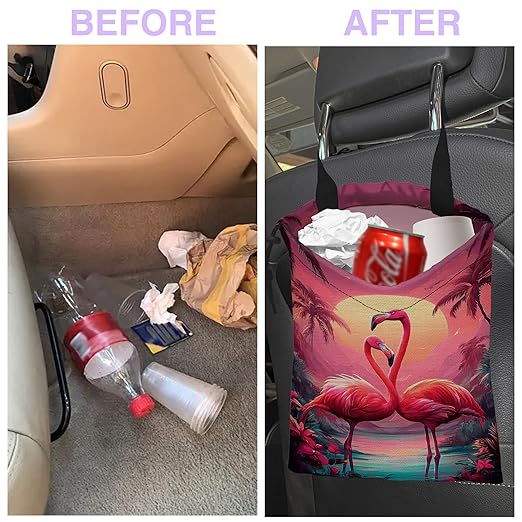 UUCBTAH Car Trash Bag Pink Flamingo Car Trash Bin Leakproof Waterproof Car Trash Can for Back Seat, Foldable Car Garbage Bag with Adjustable Straps and Drawstring for Car Accessories