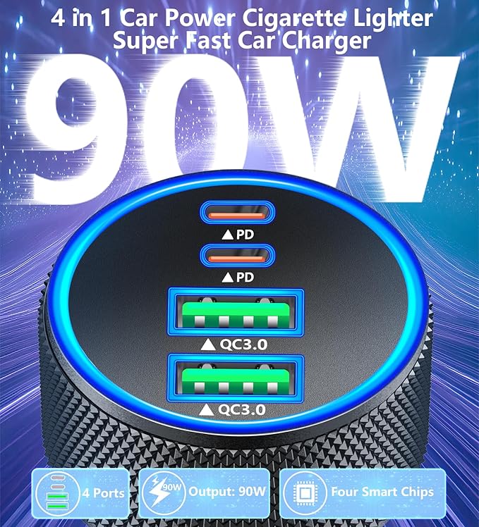 Car Charger USB C, Rombica 4-Port 90W USB-C&USB-A Car Power Cigarette Lighter Adapter Dual 45W PD/QC Multiport Type C Fast Charger for iPhone 17 17 Pro Max 16 15 14 13 12 11/Galaxy S26 S25/Pixel/iPad