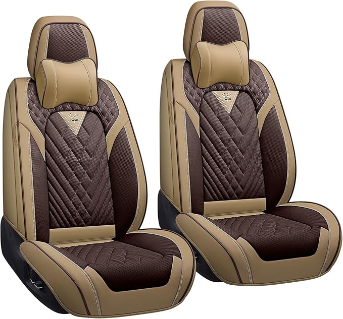 LPDK Fit for Kia Sportage Car Seat Covers Front Set 2pcs with Waterproof Leather,Lumbar Muscle Pain Healing Function,Airbag Compatible Automotive Breathable Seat Protectors(Ivory Coffe with Pillow)
