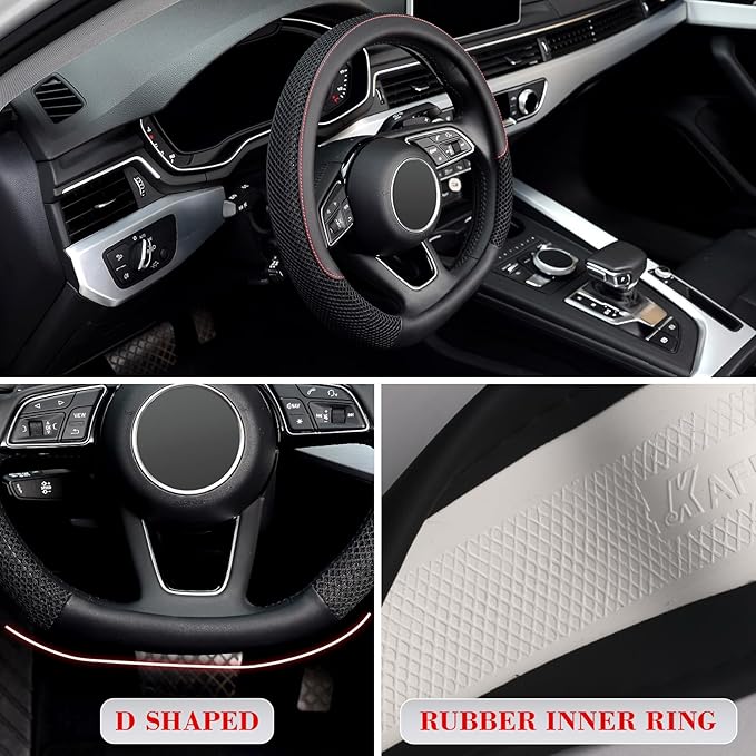 KAFEEK D Shape Steering Wheel Cover, Universal 15 inch, Microfiber Leather Viscose, Breathable, Anti-Slip,Warm in Winter and Cool in Summer, Black