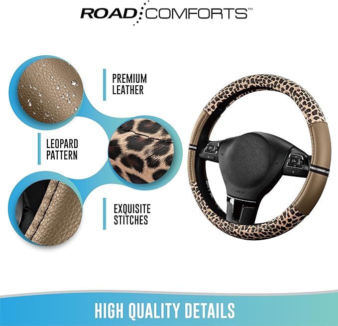 Road Comforts Leopard Steering Wheel Cover - Made with PVC Leather Cheetah Print - Anti-Slip, Universal Fit 14 1/2 inches to 15 inches - Beige