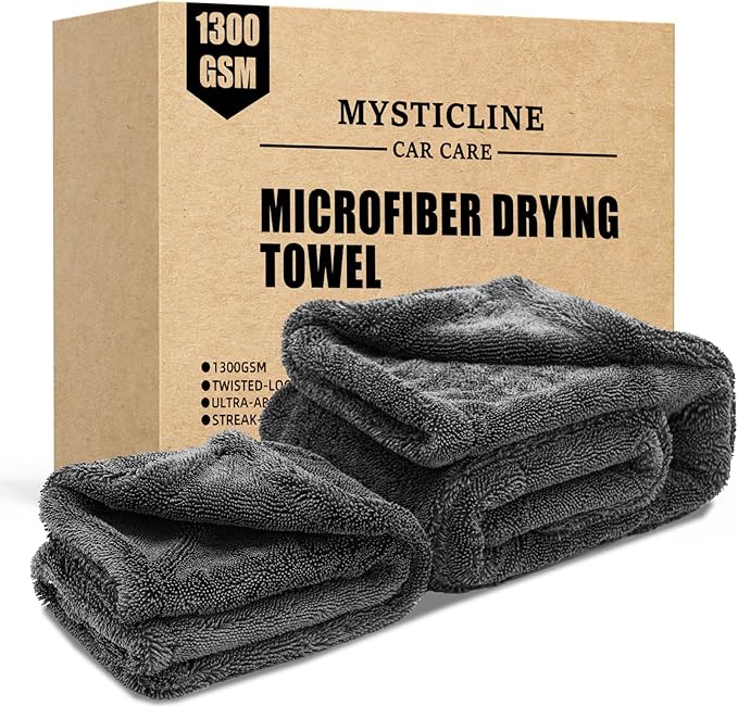 Mysticline 2 Pack 1300 GSM Car Drying Towel,Double-Sided Microfiber Towels for Cars(24'' x 36''&16 ''x 16''),Extra Large Ultra Absorbent,Without Residual Lint,Scratches or Water Spots