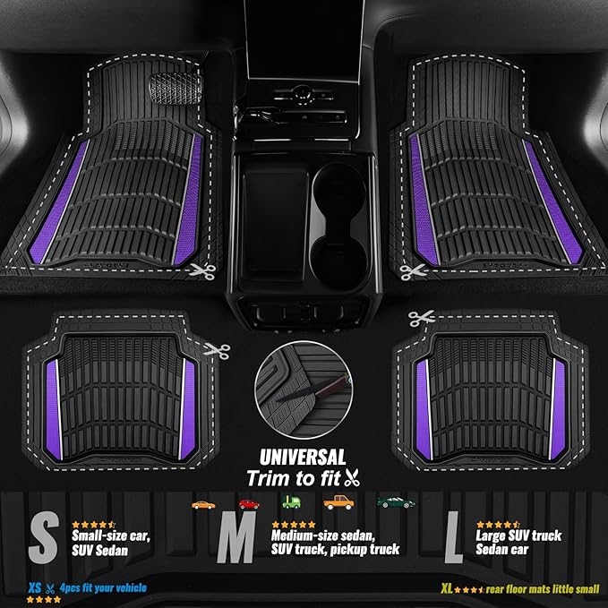 CAR PASS Heavy Rubber Car Floor Mats, Deep Waterproof Car Floor Mats All Weather, Aluminum Film Universal Trim to Fit for Cars SUV Trucks Sedans, Anti-Slip, Black Purple Metallic