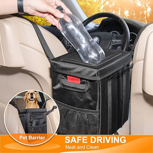 Hanging Car Trash Bag with Lid, Collapsible Garbage Bag with Pockets, Car Garbage Can for Central Control Leak-Proof Storage Organizer Box 1.76 Gallon Capacity Multipurpose Trash Bin