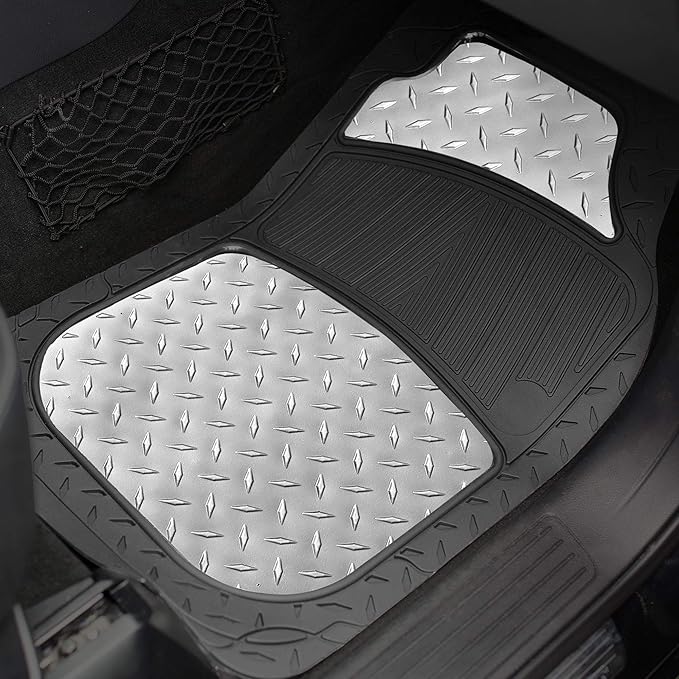 FH Group Automotive Floor Mats - Heavy-Duty Metallic Rubber Floor Mats for Cars, Universal Fit Full Set, Climaproof Floor Mats, Trimmable Floor Mats for Most Sedan, SUV, Truck Floor Mats Silver