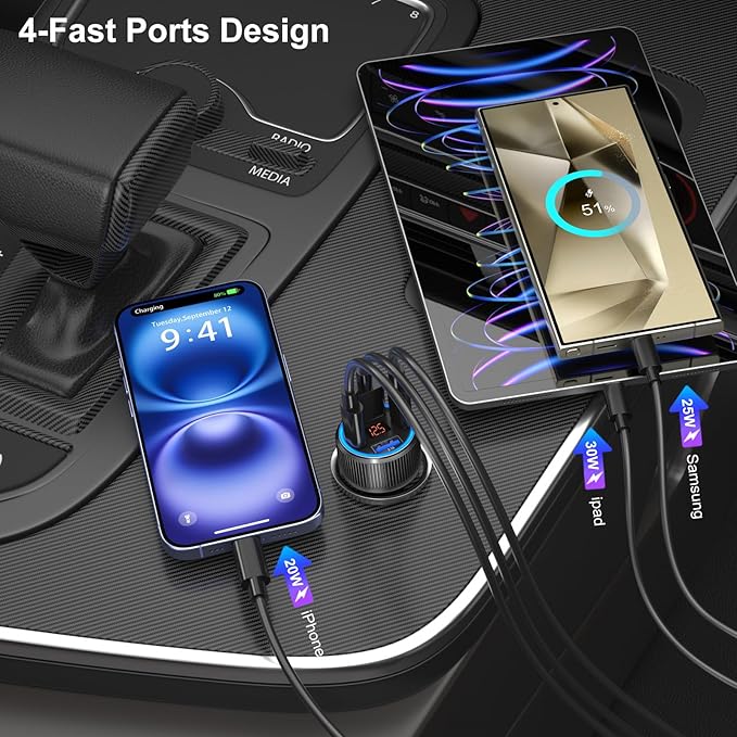 65W Dual USB C & USB A Car Charger Multi Port Cigarette Lighter Adapter with Voltmeter QC+PD 3.0 Fast Charging with 2 Pack Type C Cords