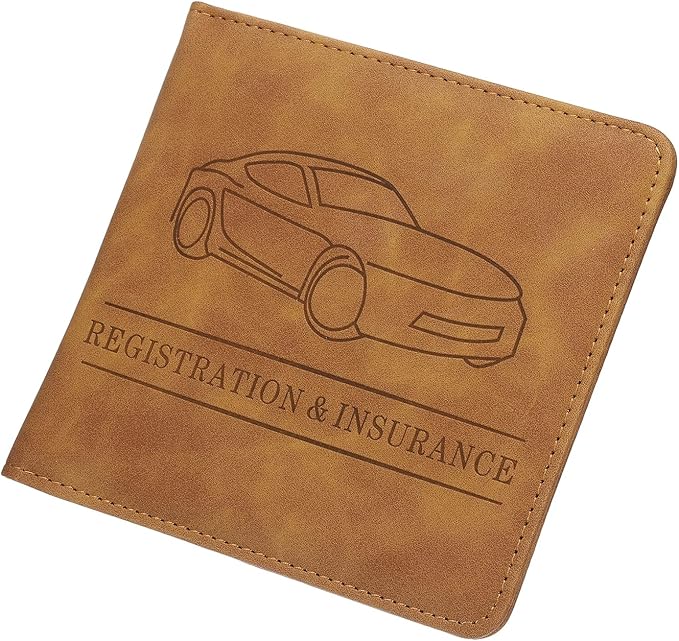 HARFINGTON Car Registration and Insurance Holder 5.63" x 5.31" PU Leather Vehicle Glove Box Organizer Storage Accessories Men Women Car ID Holder for License ID Card Bank Card, Brown