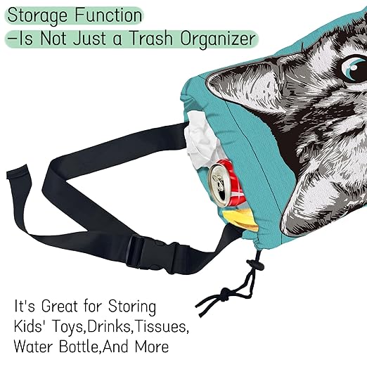 NHNXHWIA Cute Cat Car Trash Bag,Kitten Blow Bubble Gum Hanging Drawstring Car Garbage Bag,Waterproof Canvas Car Back Seat Organizer with Adjustable Buckle,for Vehicles,SUVs,Camping,Road Trips