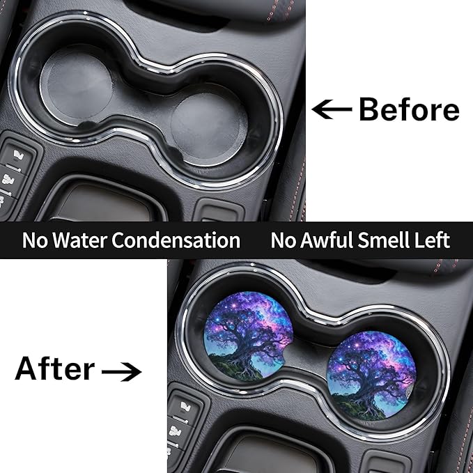 HUWAAI Tree Life Sky Galaxy Car Cup Holder Coasters 2 Pack Universal 2.63 Inch Anti Slip Ceramic Absorbent Coaster with Cork Base and Finger Notch Cute Car Accessories Interior for Women
