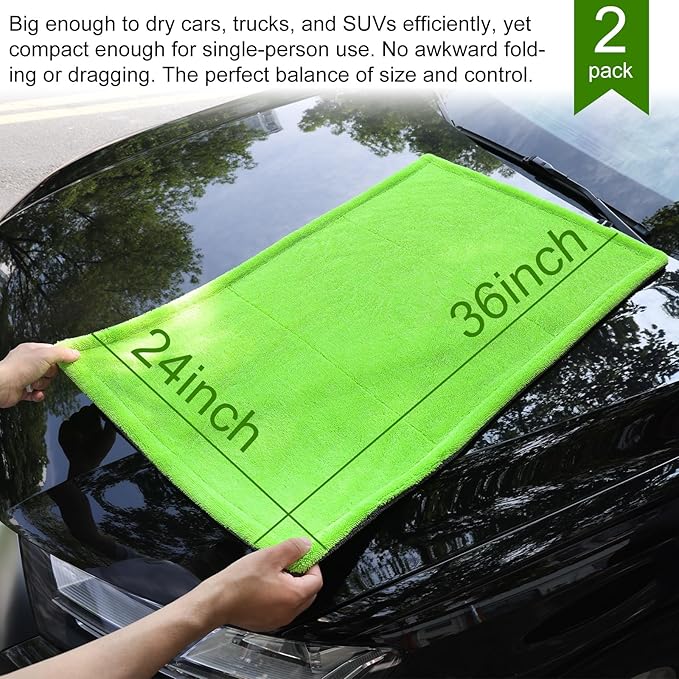 Singrune 2 Pack XL Car Drying Towel – 1300GSM Ultra Absorbent Microfiber, 24"x36" Large Size, Twisted Loop, Lint-Free & Streak-Free for Auto Detailing, Car, SUV, Truck (Gray-Green)