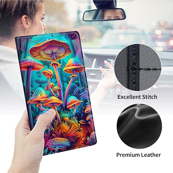 Qindaiwen Car Registration and Insurance Holder, Vehicle Card Document Elastic Band Closure Glove Box Organizer, Driver License Cards, Car Accessories for Essential Info, Colourful Mushroom 03
