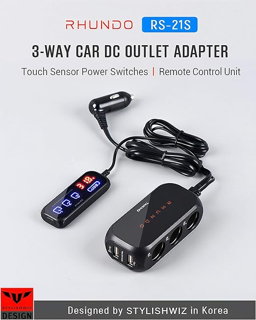 RS-21S 3-way Car Cigarette Lighter Splitter/Adapter/Charger + 2 USB 3.4Amp, with Remote Touch Sensor Switch