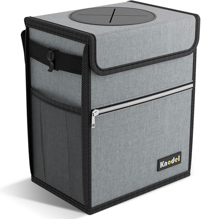K KNODEL Car Trash Can with Lid, Leak-Proof Car Garbage Can with Storage Pockets, Waterproof Auto Garbage Bag Hanging for Headrest (Small, Gray)