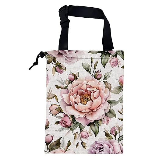KXWQTRDD Car Trash Bag Pink Peonies and Green Leaves Leak-Proof Car Garbage Bag with Drawstring Foldable Canvas Trash Bin with Adjustable Buckle for Car Accessories
