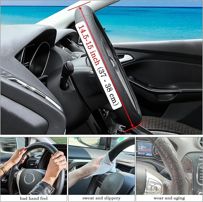 Wine Red Car Steering Wheel Cover, Nappa Leather, Bottom Color Blocking, Universal 14.5-15 Inch Leather Anti-Slip Breathable Auto Steering Wheel Covers for Men Women
