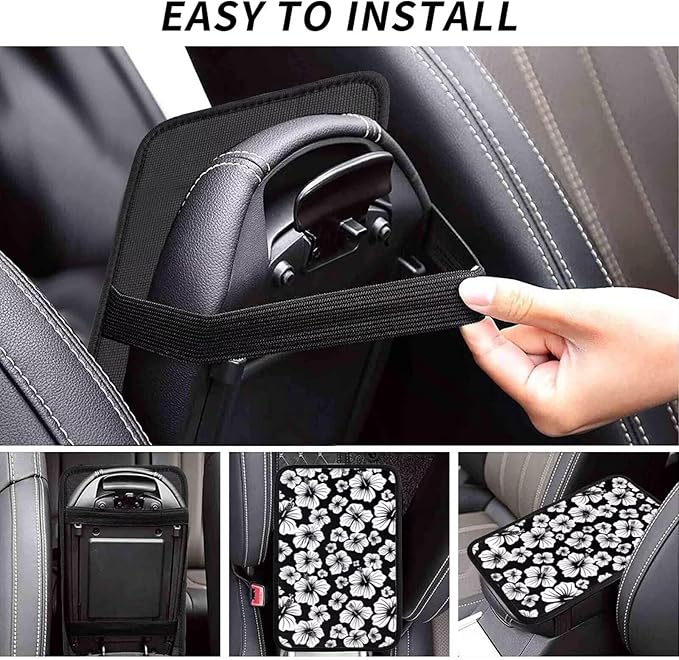 Hibiscus Flower Center Console Cover Aloha Tropical Armrest Covers Car Truck Interior Accessories Middle Console Covers Black Arm Rest Pads Fit for Most Cars Sedans Vans