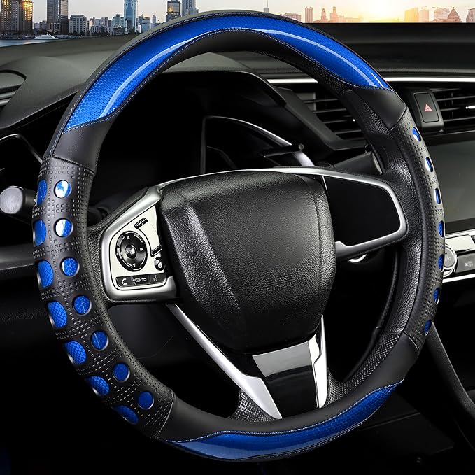 QCYP PU Leather Car Steering Wheel Cover with Anti-Slip Grip, for Women and Men, Universal Fit for 14.5-15 Inch Cars, Trucks, SUVs (Blue (Round), Medium(Standard) Size[14 1/2''-15''])