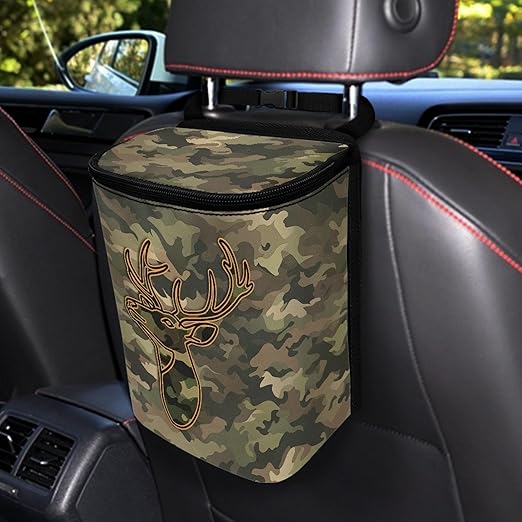 Camo Deer Car Trash Can with Lid and Zipper Green Foldable Trash Bin for Car Interior Accessories Multipurpose Garbage Can Bags Storage Organizer